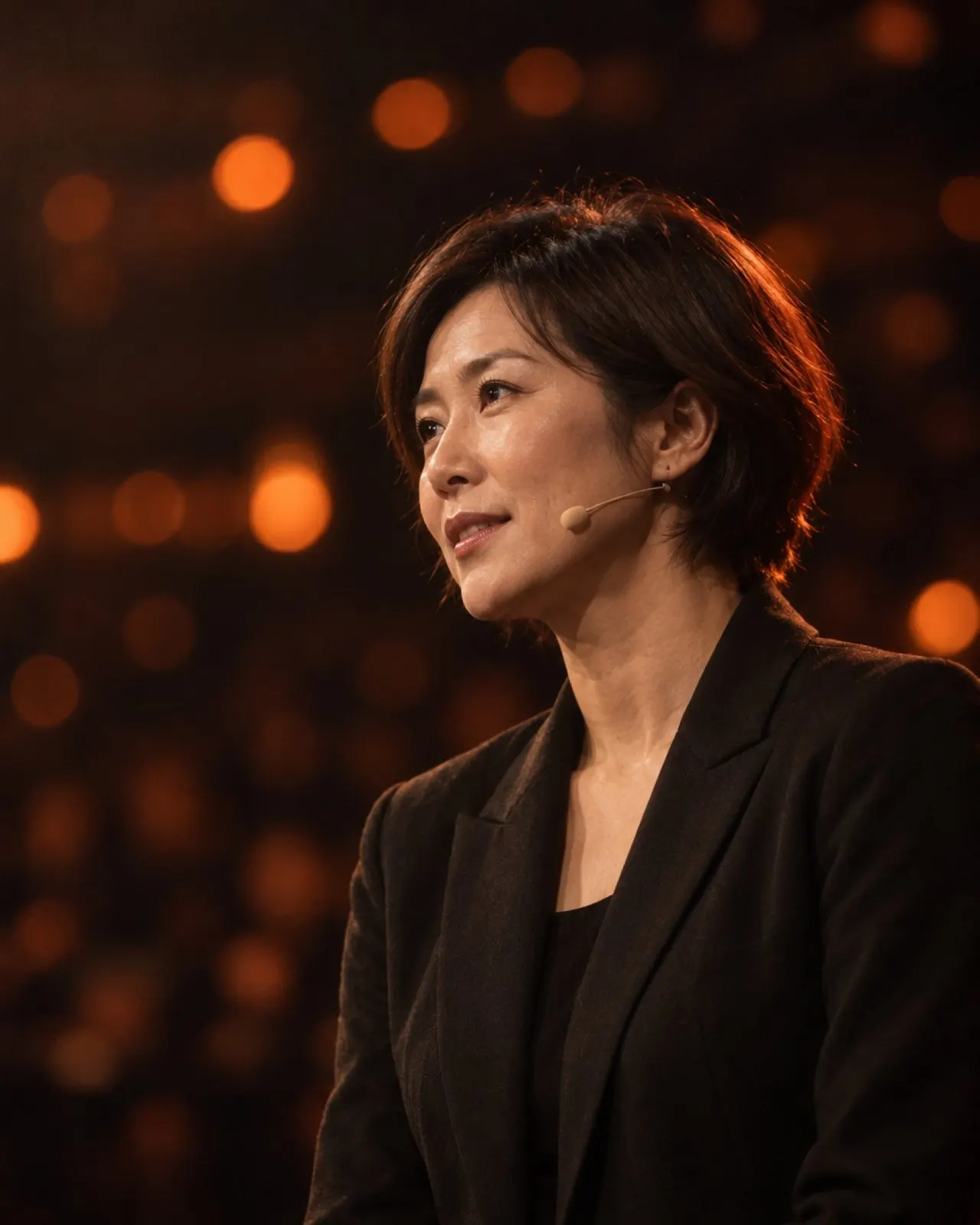 質問の時間に、客席からの質問を聞く登壇者の灰谷さん。背景に客席の明かりがぼけている（イメージ・見本）