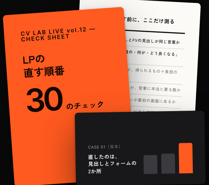 資料の見本（見本）。オレンジの表紙「LPの直す順番 30のチェック」、STEP 1 の8項目のチェック表のページ、実例の棒グラフのスライドの3枚が重なっている